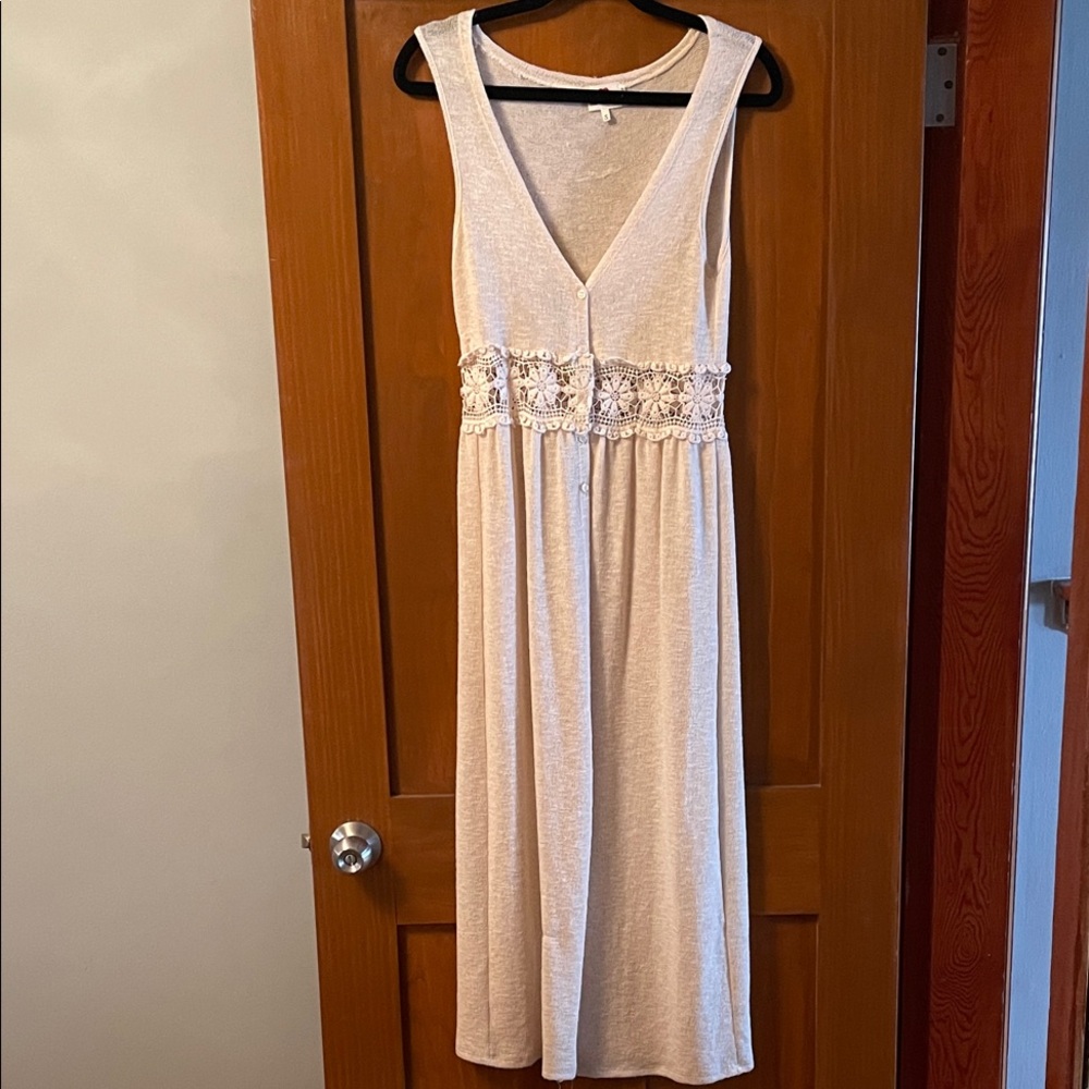 ONE CLOTHING Sleeveless Crochet Boho Urban Cream Knit Maxi Duster Button Sweater